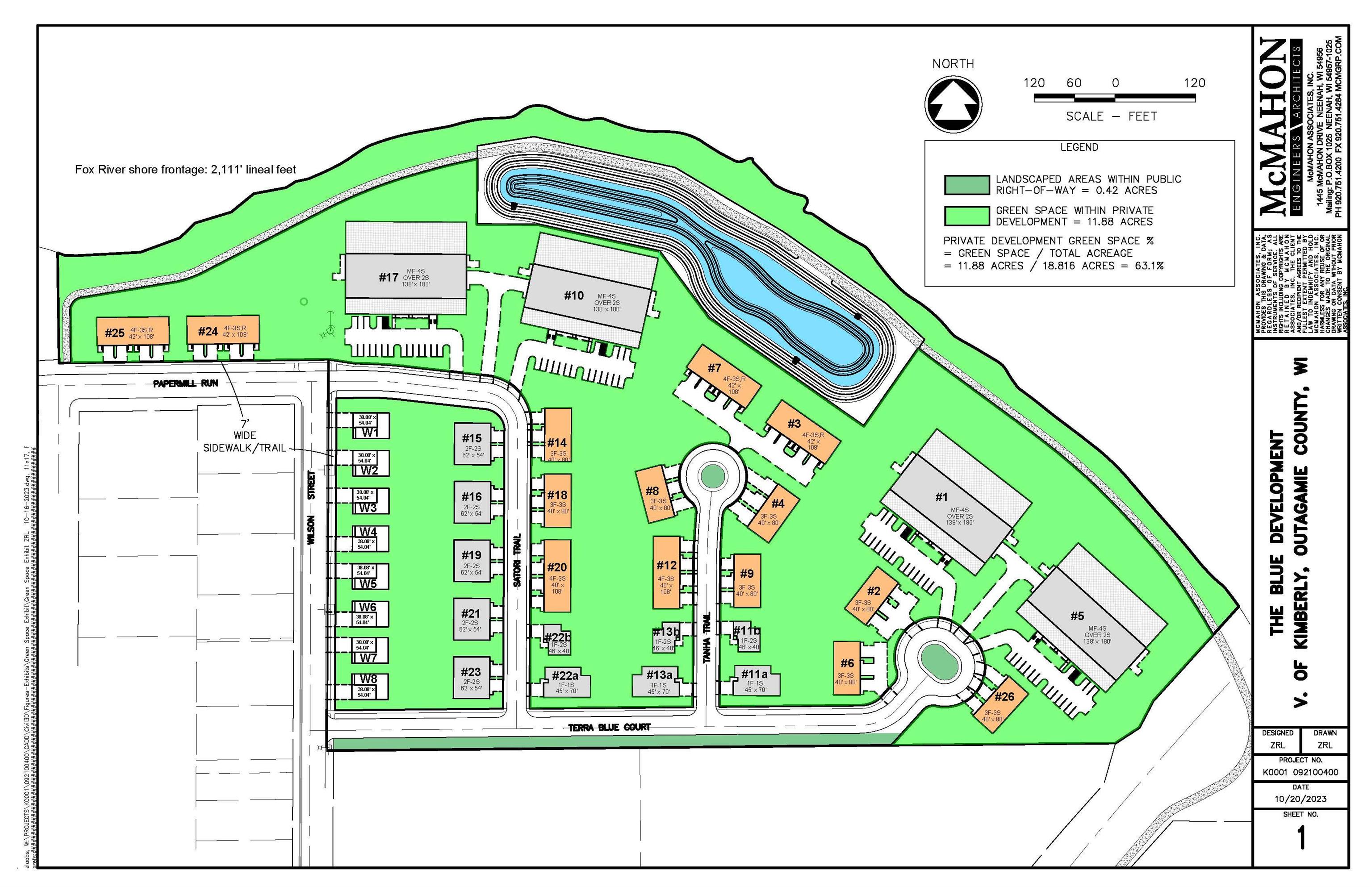 Map showing 2,111' feet of Blue at the Trail river frontage and 11+ acres of Common Green Spaces