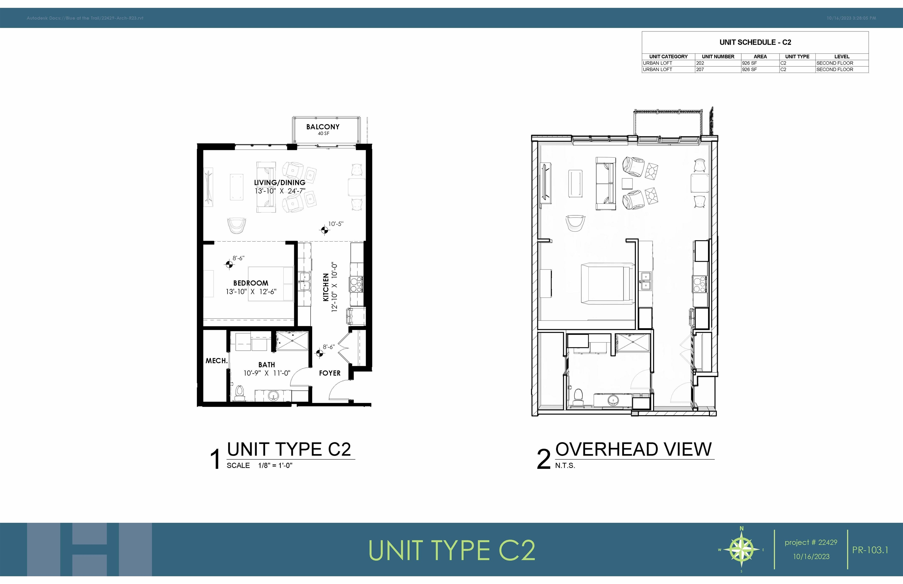 Standard floor-plan and 'overhead' floor-plan. Floor-plan "C2" is full ADA Type "A"