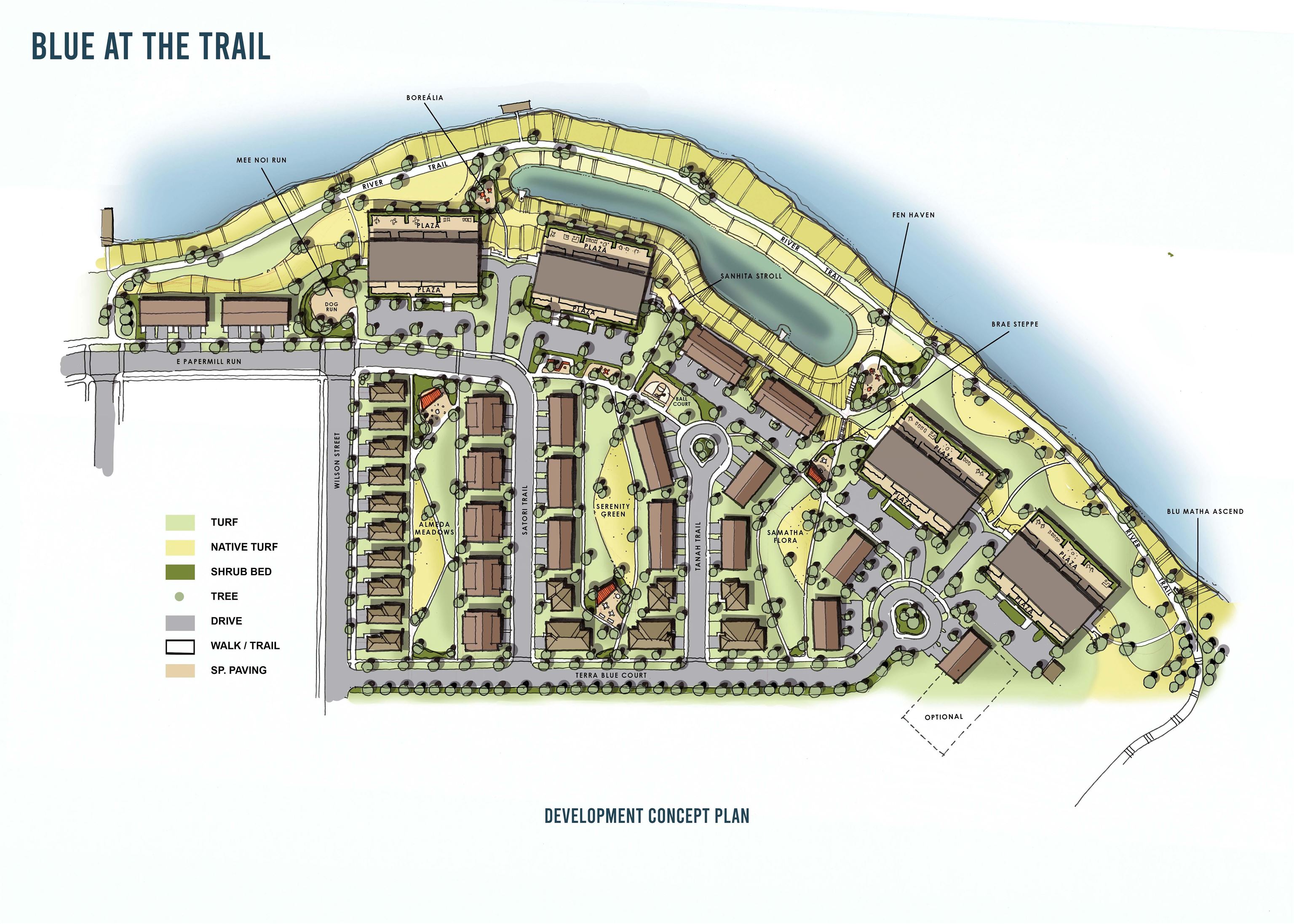 Landscape concept of Blue at the Trail depicting paths, urban forests and green spaces