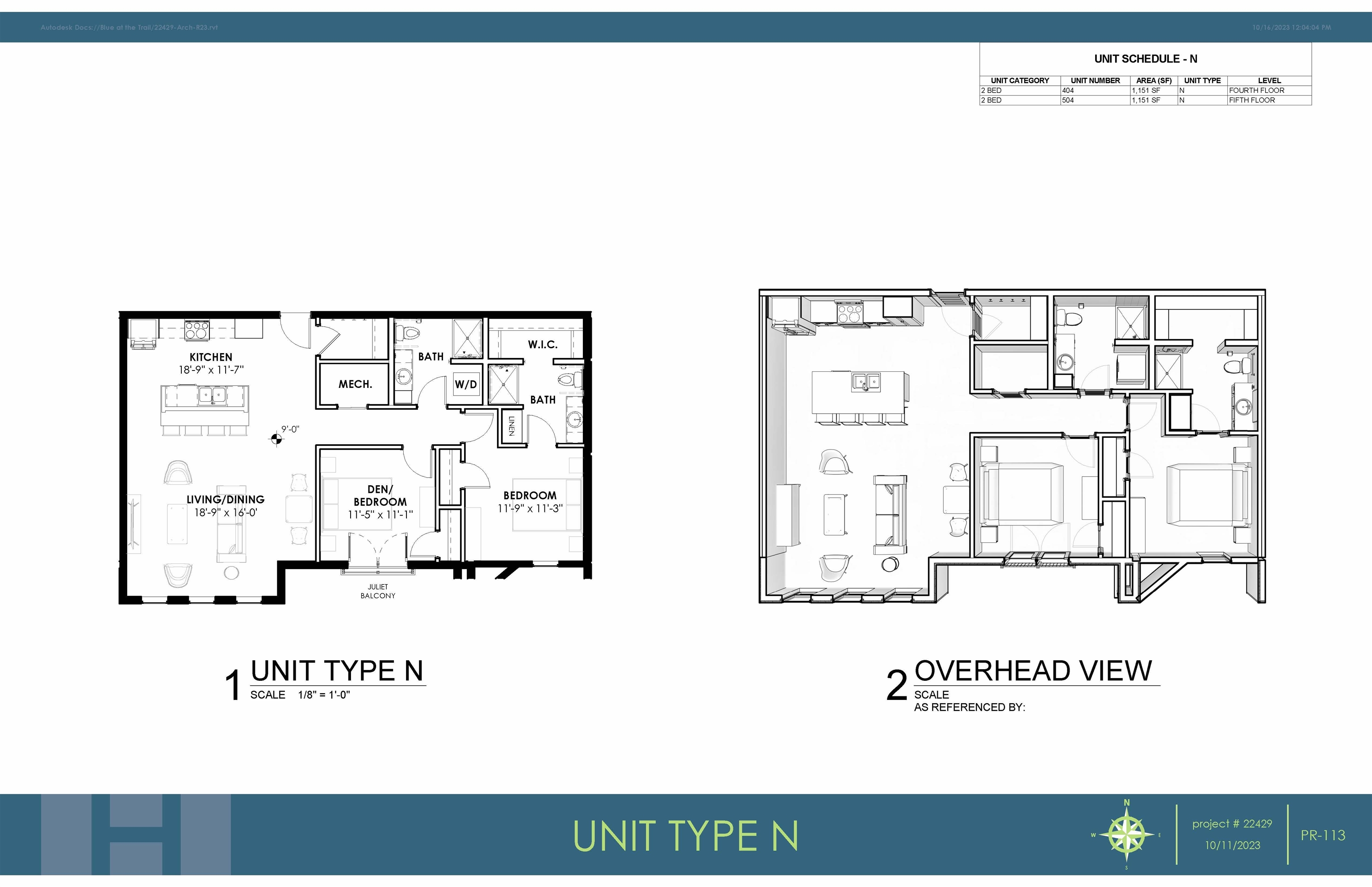 Floor plan 'N', this Unit features a Juliet Balcony in a Bdrm / Den