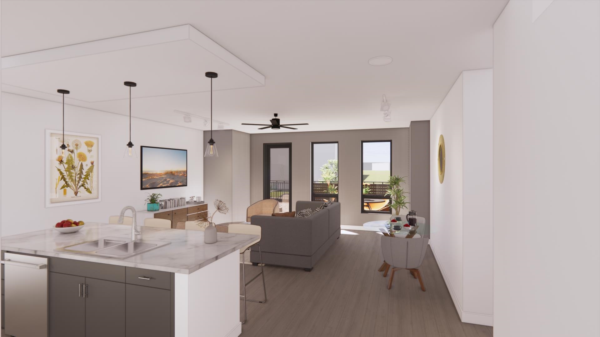 Kitchen & Living Room Rendering, w/exception the LR does not have inset corners, but full room