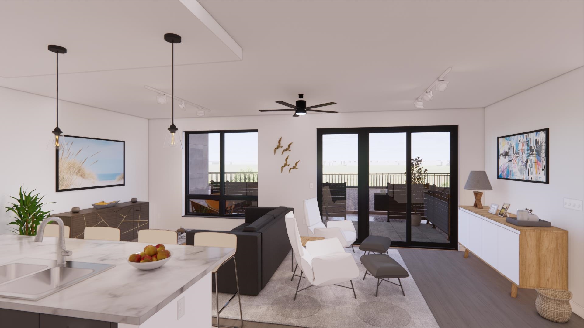 Rendering of Living room wall of glass to balcony w/6th floor panoramic vistas