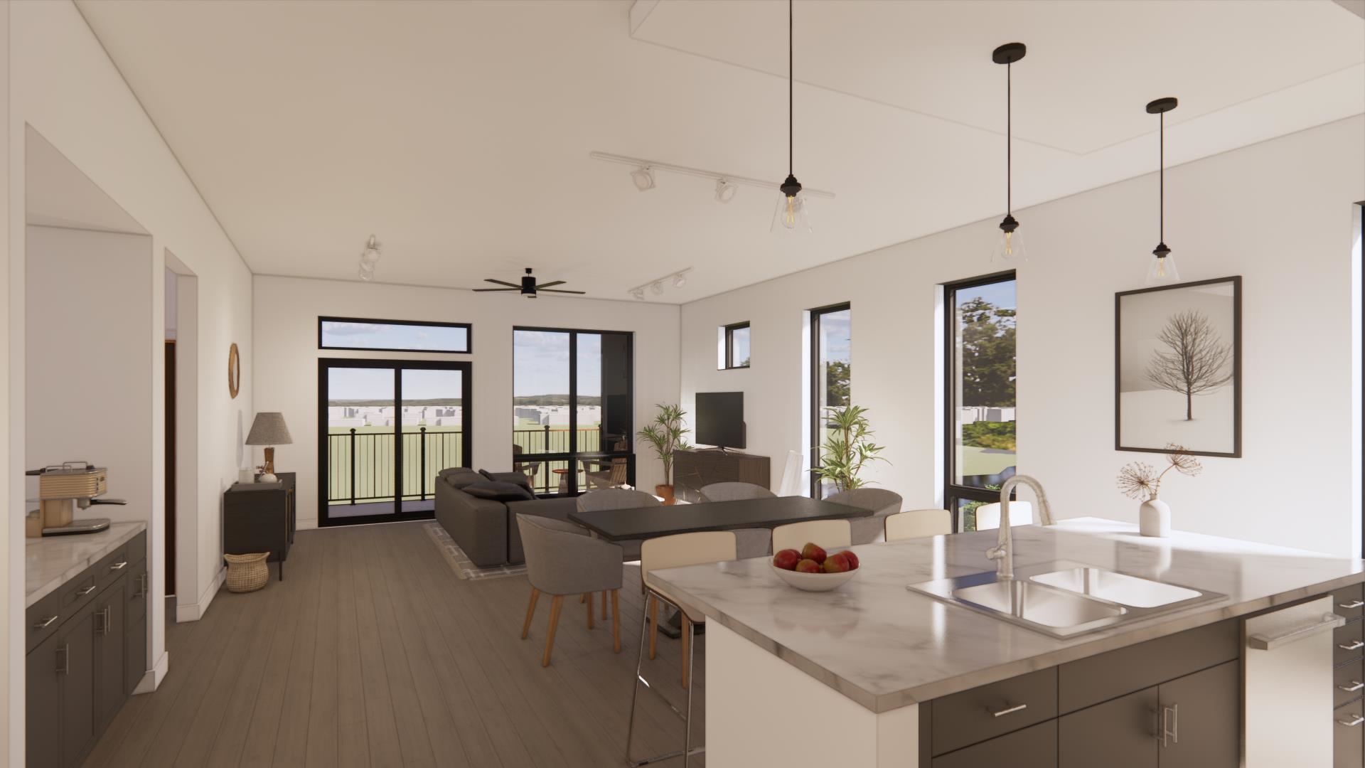 Interior rendering depicting open 6th floor panoramic views