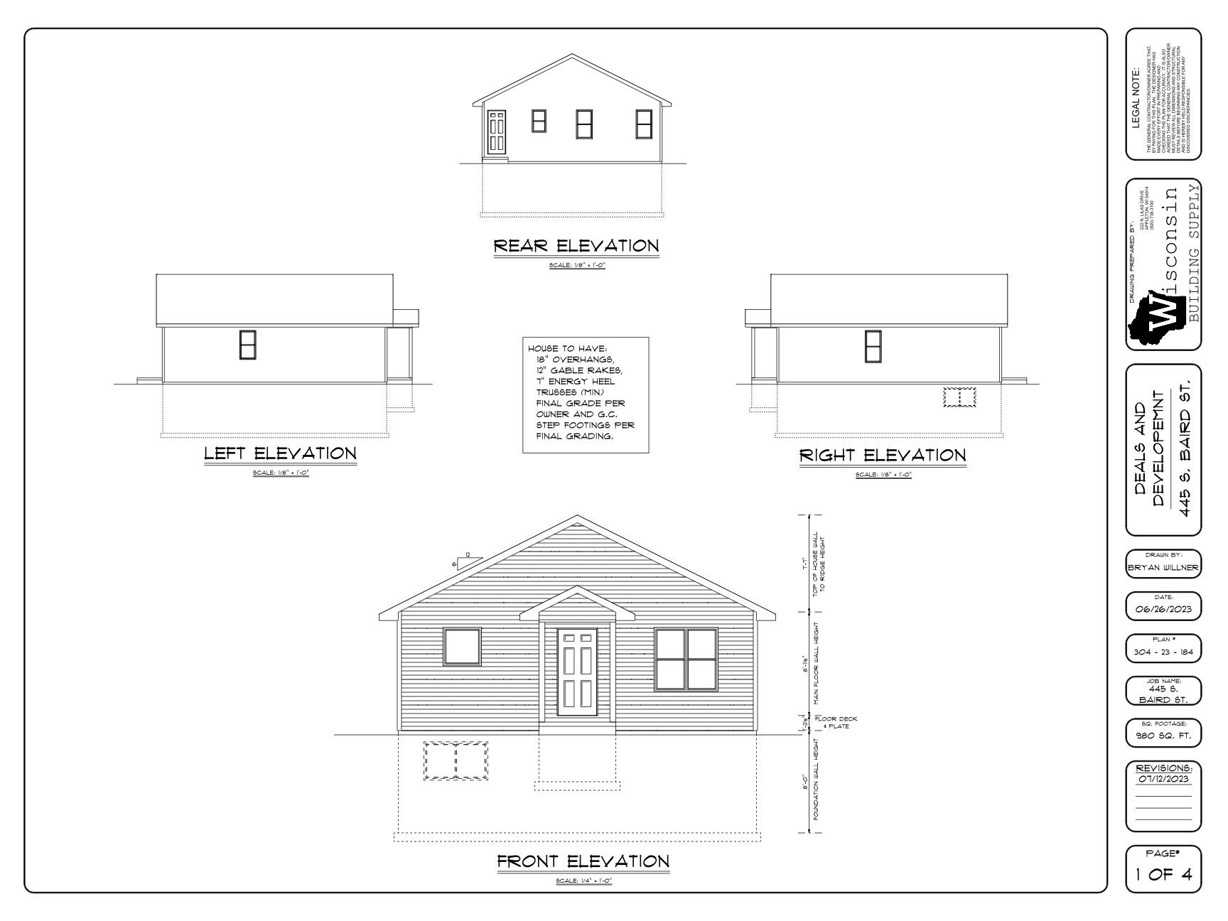 Front, Rear, left, and Right elevation plans